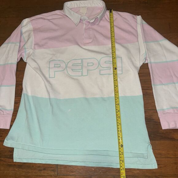 VTG 80s Single Stitch Pepsi Spelled Out Color Block letters Polo Rugby Shirt L - Picture 6 of 8